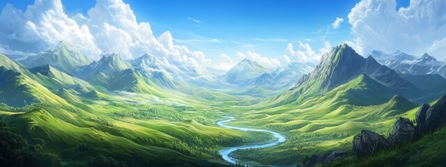 Canvas Print - Serene Mountain Valley with Lush Green Hills, Meandering River, Expansive Bright Blue Skies