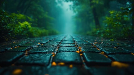 Sticker - Cobblestone path in misty forest after rain.