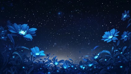 Wall Mural - Glowing blue flowers under a starry night sky.