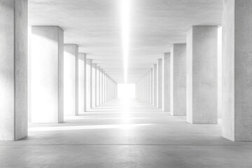 Sticker - A wide, empty concrete corridor with symmetrical columns and a white light beam illuminating the center of it. 