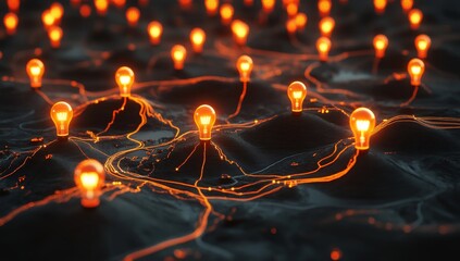 Illuminated network of glowing lightbulbs on a dark, textured surface.