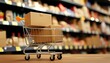 © A-Lex - Shopping cart displaying cardboard boxes in grocery store aisle retail environment close-up view for consumer appeal