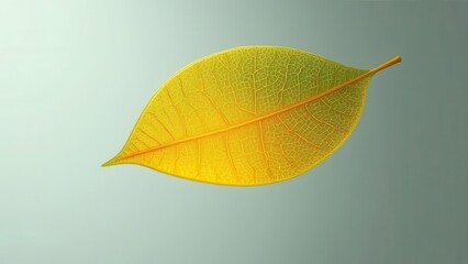 Wall Mural - Single yellow-green leaf on a light gray background.