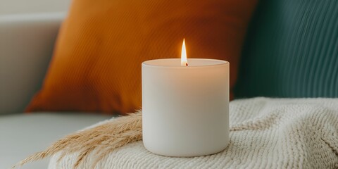 Sticker - Mindful living self-care concept. A lit candle on a textured surface with cozy pillows in the background.