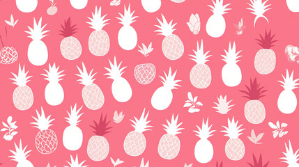 Wall Mural - The image is a vibrant pink background featuring a pattern of white pineapples and some floral elements, creating a tropical and summery aesthetic