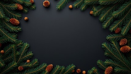 Poster - A festive frame of pine branches and cones on a black background, ready for your seasonal message