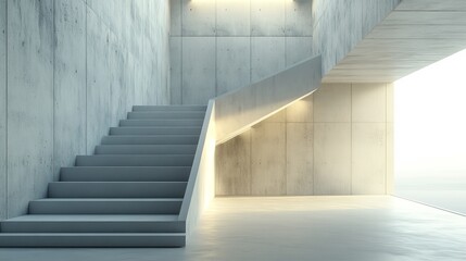 Wall Mural - Modern concrete staircase in minimalist interior with window.