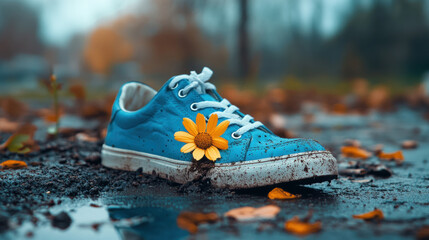 Wall Mural - Bully, A high-quality image of a pair of sneakers stepping on a flower, showcasing a blend of nature and footwear in vibrant detail.