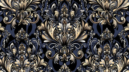 Wall Mural - Elegant gold and silver damask pattern textile design, intricate details, seamless repeat, dark background, ideal for fashion or home decor