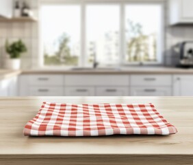 Wall Mural - Red checkered tablecloth on wooden kitchen table. (1)