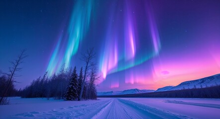 Gradient blue and purple aurora borealis winter scene