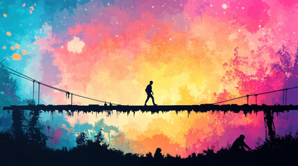 Wall Mural - Bully, A silhouette of a figure walking across a glowing pastel bridge, captured in high fidelity, ideal for artistic and creative projects.