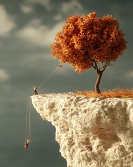 Wall Mural - A whimsical scene of a tree on a cliff, with figures pulling on ropes to interact with it.