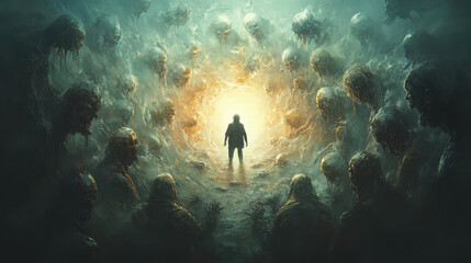 Wall Mural - Bully, A small figure stands within a faintly glowing circle, captured in high fidelity with enhanced resolution in this stock image.