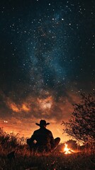 A man in a cowboy hat sits by a fire in the desert at night. The sky is filled with stars and the moon is visible.