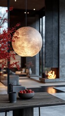 Wall Mural - Moon lamp illuminates modern living room with fireplace.