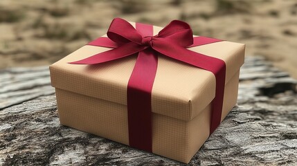 A beautifully wrapped gift box with a red ribbon, placed on a wooden surface in a natural setting.