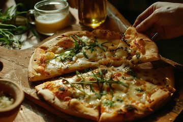 Wall Mural - Pizza with bacon and mushrooms on a dark wooden background. Selective focus.