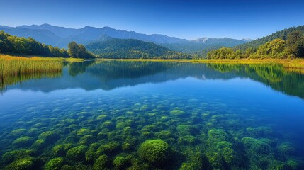 Wall Mural - Mountain lake reflection with clear water and algae in fall.