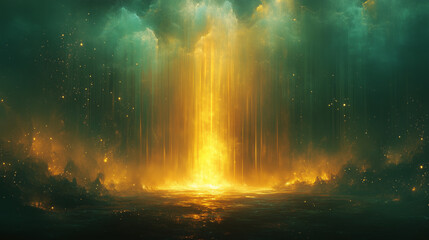 Wall Mural - mystical background with golden rays of light descending from thick green clouds surrounded by shimm