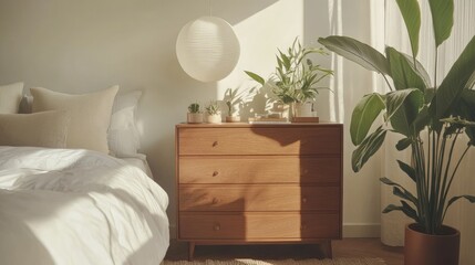 Sticker - A modern Scandinavian bedroom featuring a wooden commode with a soft finish. --chaos 20