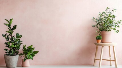 Wall Mural - Warm Pastel Pink Wallpaper with Potted Plants in Natural Setting