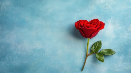 Wall Mural - Vibrant red rose on a serene blue backdrop, symbol of love and romance single