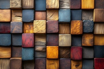 Wall Mural - Colorful Wooden Block Mosaic for Interior Design and Texture Inspiration