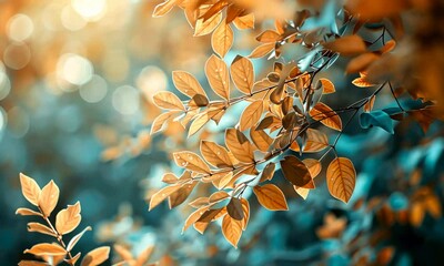 Wall Mural - golden leaves on branches against blurred background with bokeh lights