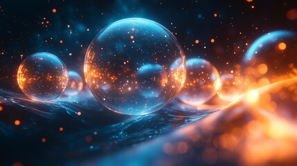 Wall Mural - cosmic spheres in glowing blue and orange light, surrounded by misty space and stardust.
