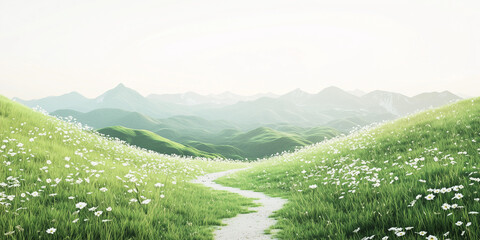 Wall Mural - A green, grassy field with a path leading to green mountains, against a white background.