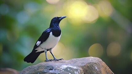 Wall Mural - magpie perched on rock, forest background, wildlife observation, nature photography.