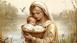 © O - Serene motherhood: caucasian woman with sleeping infant by tranquil water