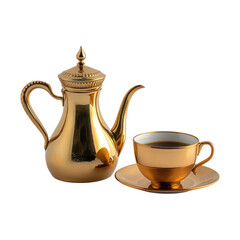 Elegant golden coffee set featuring a traditional dallah coffee pot and cup isolated on white or transparent PNG