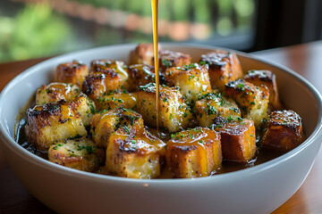 Golden Brown Bread Pudding with Creamy Custard Sauce, Close-Up Food Photography