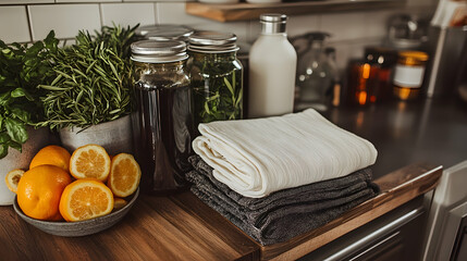 Wall Mural - Kitchen countertop, folded towels, herbs, citrus fruit, and infused drinks, minimalist background, lifestyle blog