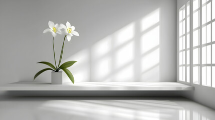 Wall Mural - Minimalist white room with flowers, sunlight through window, empty shelf, interior design mockup