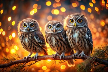 Wall Mural - Tilt-shift magic transforms owls into tiny, bright-eyed, geometric-feathered wonders.