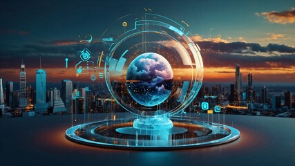 Digital informational technology web futuristic hologram with cloud, Generative AI