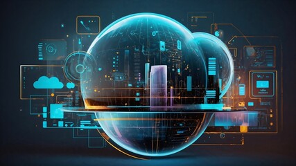 Digital informational technology web futuristic hologram with cloud, Generative AI