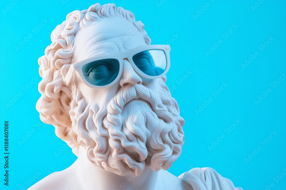 3D Greek statue in white marble with sunglasses and a beard on a pastel ...