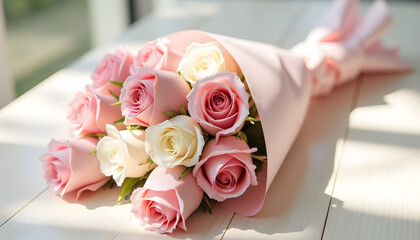 Romantic bouquet of pink and white roses wrapped in soft pastel-colored paper on a light wooden table 