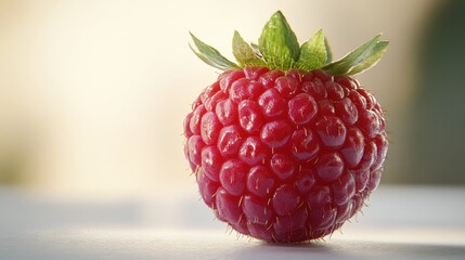 Wall Mural - Fresh Red Raspberry Close Up with Green Leaves and Soft Background