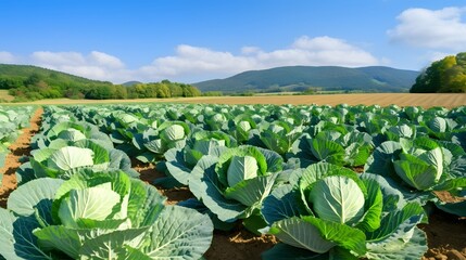 Poster - Lush green rows of cultivated kale and cabbage flourish in a peaceful countryside farmstead under a clear blue sky showcasing the beauty and bounty of organic agriculture