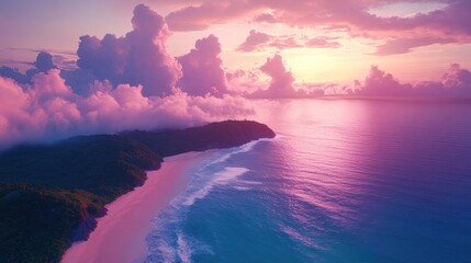 Wall Mural - Tropical island sunset, ocean waves, pink clouds, aerial view, idyllic getaway.