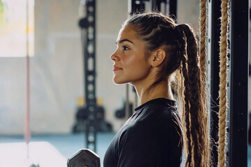 Wall Mural - Bodybuilder girl working out with dumbbells