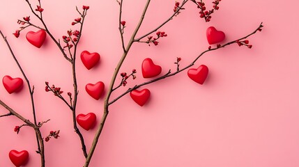 Canvas Print - Red hearts on a branch with pink background.