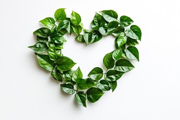 Wall Mural - white background with lots of green leaves arranged in the shape of a heart. 