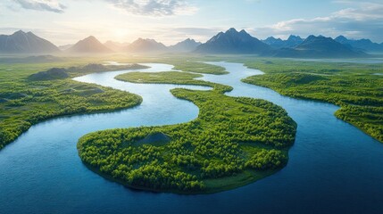 Wall Mural - Winding river through lush green valley at sunrise with misty mountains.