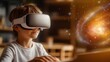 © Anastasiya - A young student wearing a VR headset, engaging in an interactive galaxy simulation with glowing stars and cosmic visuals in a modern educational setting